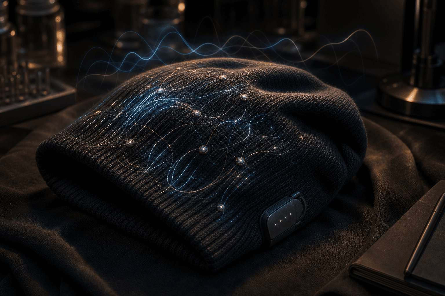 Concept illustration of a soft knit brain-computer interface cap with embedded sensing threads.