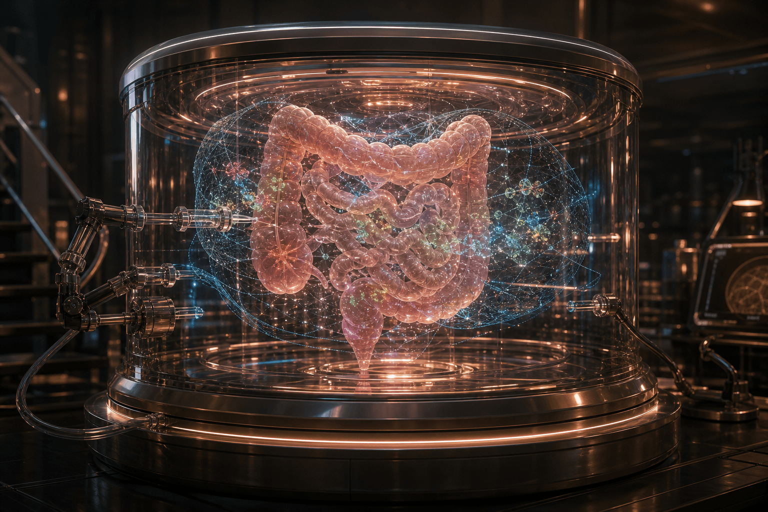 Concept illustration of a digital gut model surrounded by microbiome and simulation layers.