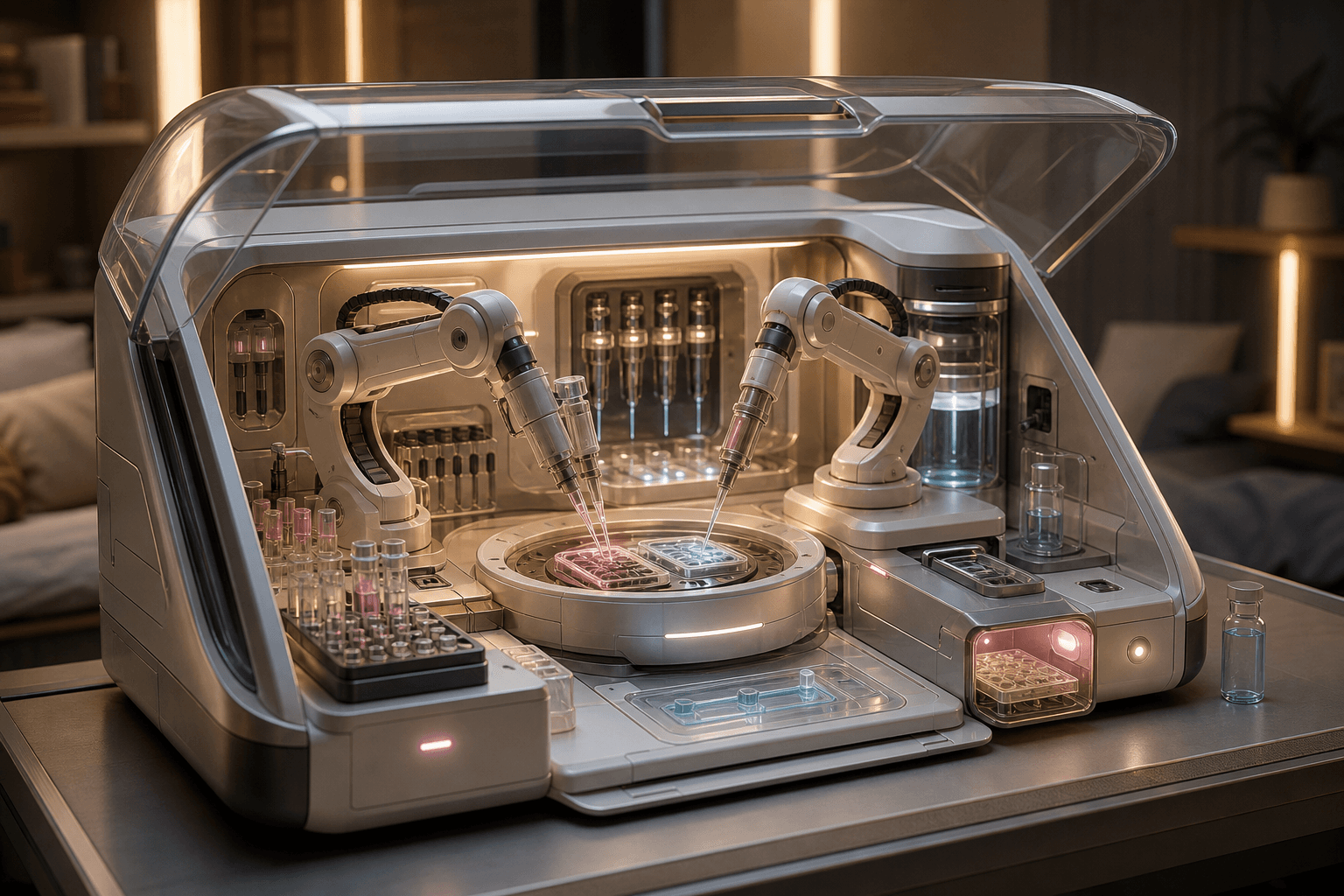 Concept illustration of a compact robotic wetlab operating on a small home workbench.